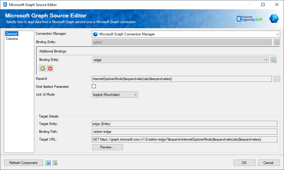 SSIS Microsoft Graph Source Component - General